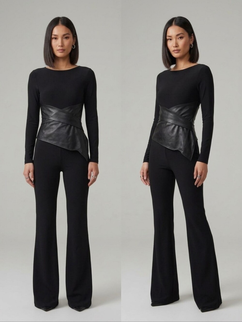 New Women's Sexy Black Faux-Leather Cinched Waist flared Jumpsuit Small